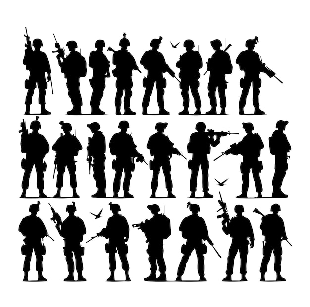 Vector soldier silhouette on a white background special army force wearing uniforms soldiers standing