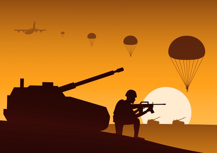 Soldier sit near by tank ready to shoot  paratrooper