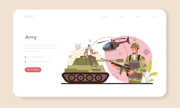 Vector soldier web banner or landing page. millitary force employee in camouflage