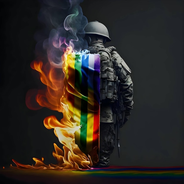 A soldier with a burning LGBT flag on his back