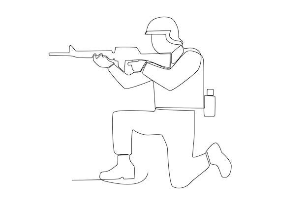 A soldier with full equipment squatting while aiming for target line art