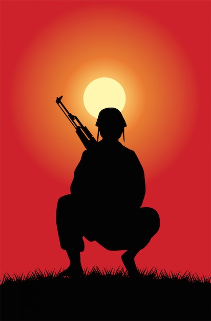 Vector soldier with rifle figure silhouette at sunset scene