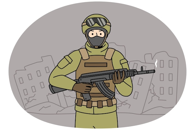 Солдат с оружием в разрушенном городе