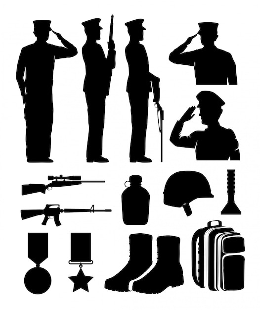 Vector soldiers and equipment silhouettes