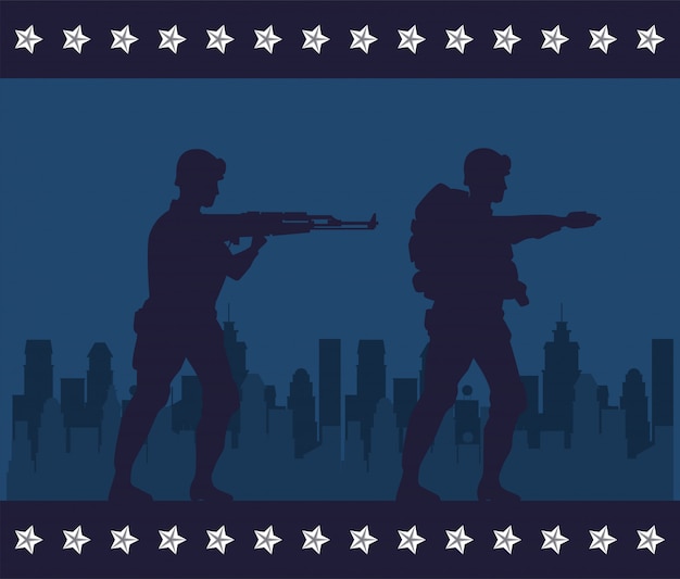 Soldiers figures silhouettes in cityscape scene