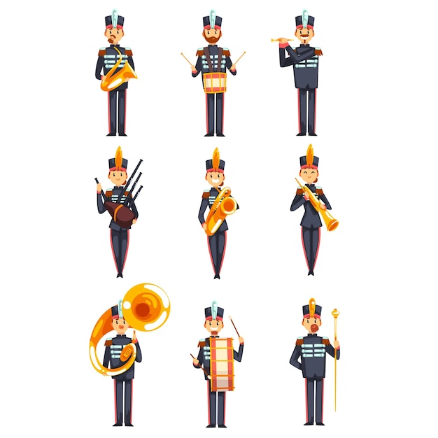 Soldiers playing musical instruments set members of army military band in blue uniform vector