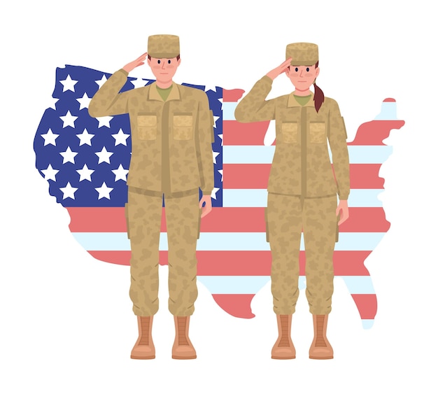 Soldiers saluting against map 2D vector isolated illustration