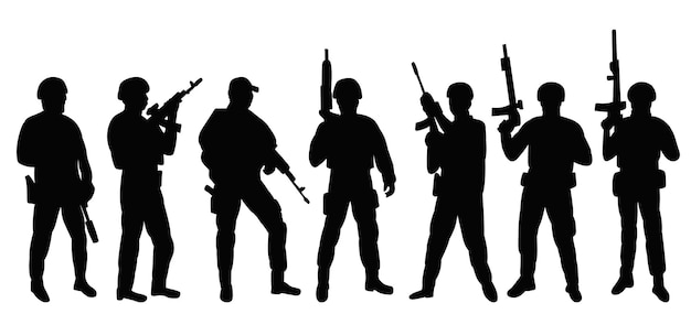 soldiers with weapons silhouette on a white background vector