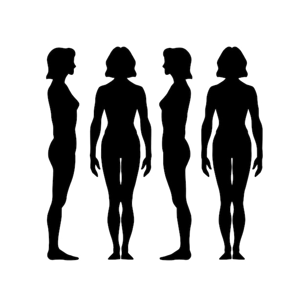 Vettore solida silhouette di una donna in piedi di fronte dal retro contorno
