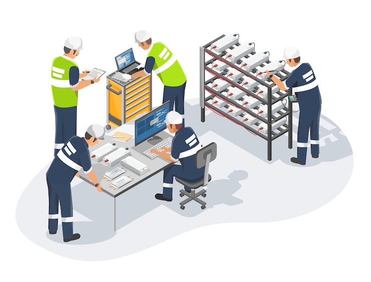 Vector solid state battery research and development batteries engineer team for ev car isometric isolated