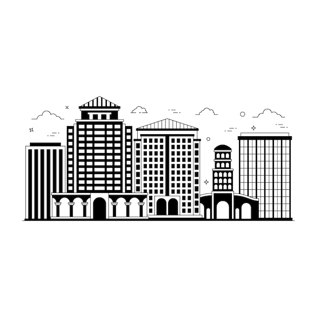街のスカイラインのソリッドスタイルのイラスト