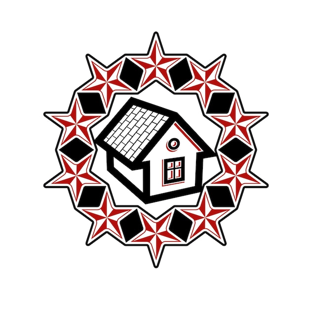 Solidariteit idee vector icoon, eenvoudig huis omringd met feestelijke sterren. Gestileerd ontwerpelement, uniethema.