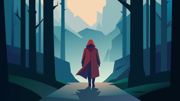 Solitary Figure in Red Cloak Walking Through an Enchanted Forest at Dusk