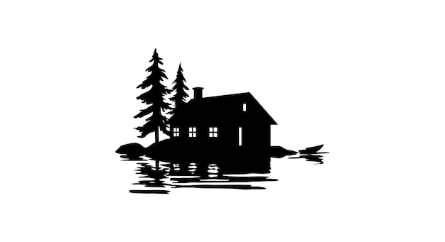 Vector solitude on the lake silhouetted cabin