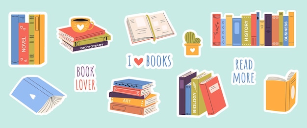 Коллекция наклейки с книгами и чтение милые различные книги стопы книг тетрадей