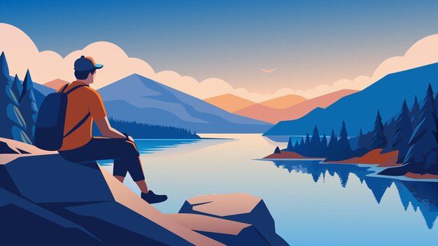 a solo hiker enjoying the peacefulness of a secluded spot by a serene lake as they sit atop a