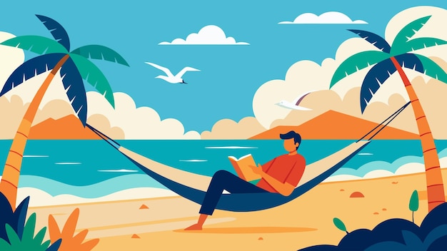 Vettore un viaggiatore da solo che legge un libro su un'amaca sulla riva di una spiaggia appartata ascoltando il