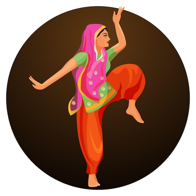 Solodans uitgevoerd door meisje in zijden hemd en broek met bedekt hoofd. Bharatanatyam vrouw danser vectorillustratie geïsoleerd. Indiase klassieke dans is ontstaan in hindoetempels.