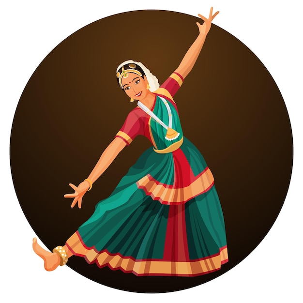 Solodans uitgevoerd door meisje in zijden jurk met hindi-accessoires. bharatanatyam vrouw danser vectorillustratie geïsoleerd. indiase klassieke dans is ontstaan in hindoetempels.