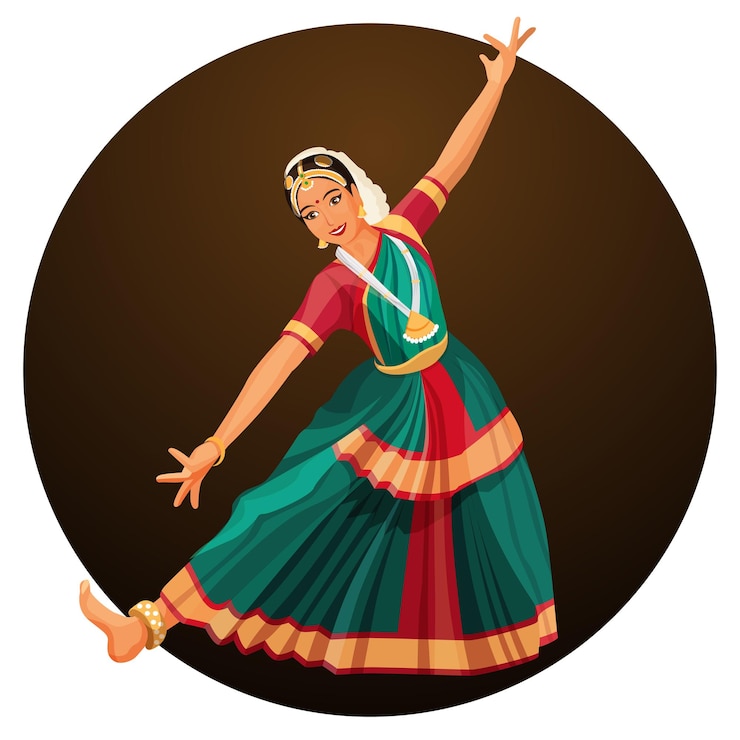 Vector solodans uitgevoerd door meisje in zijden jurk met hindi-accessoires. bharatanatyam vrouw danser vectorillustratie geïsoleerd. indiase klassieke dans is ontstaan in hindoetempels.