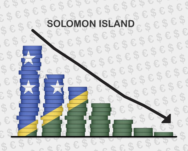 Vector solomon island economic collapse decreasing values with coins crisis and downgrade concept