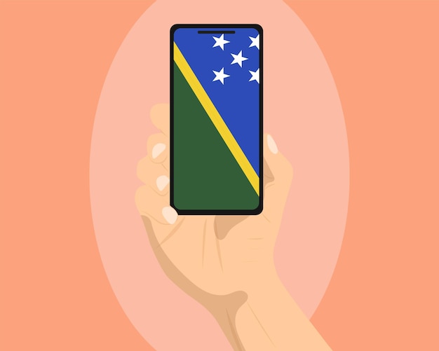 Vector solomon island flag on mobile phone screen holding smartphone advertising social media banner