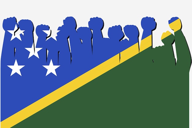 Vettore bandiera dell'isola di salomone con le mani di protesta sollevate vettore logo della bandiera del paese l'isola di salomone protesta