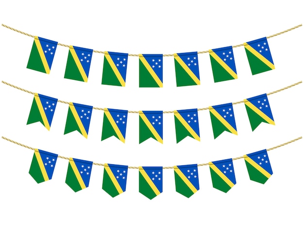 白い背景の上のロープにソロモン諸島の旗。愛国的なホオジロ旗のセット。ソロモン諸島の旗のホオジロ装飾
