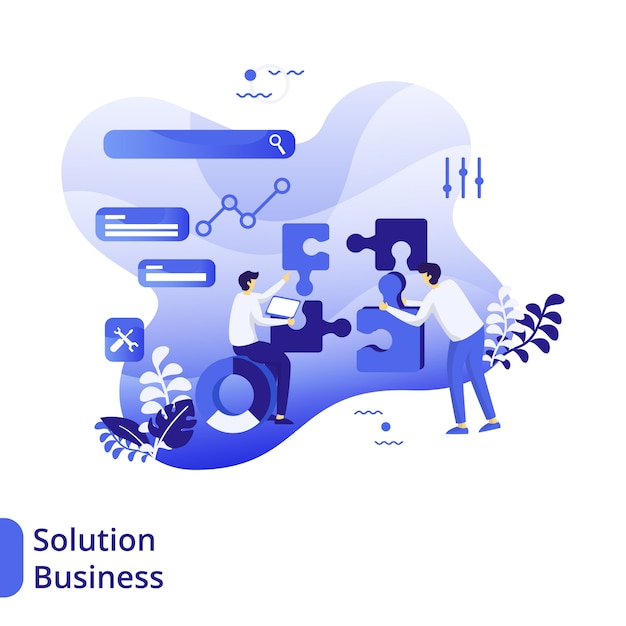 Solution Business Flat Illustration, the concept of men are discussing in front of puzzles