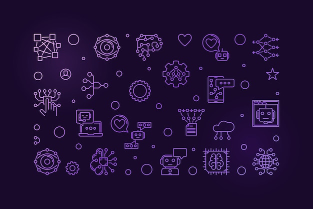 Solution concept outline vector purple banner Artificial intelligence horizontal illustration