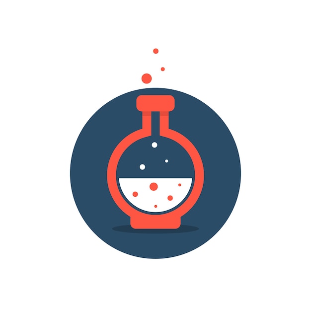 Solution icon with red lab bottle. concept of acid, potion, alchemy, innovation, toxic bubbles, beaker, tool. flat style trend modern company logotype design vector illustration on white background