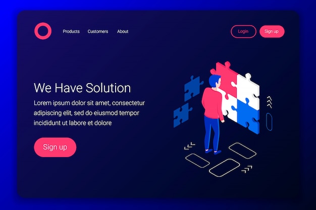 Solutions isometric concept. Man collects a puzzle. Strategy, success design. Flat 3d style. Landing page template. illustration.