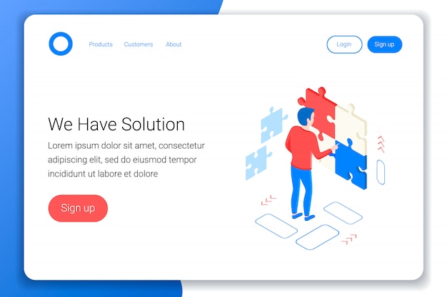 Solutions isometric concept. Man collects a puzzle. Strategy, success design. Flat 3d style. Landing page template. White background. illustration.