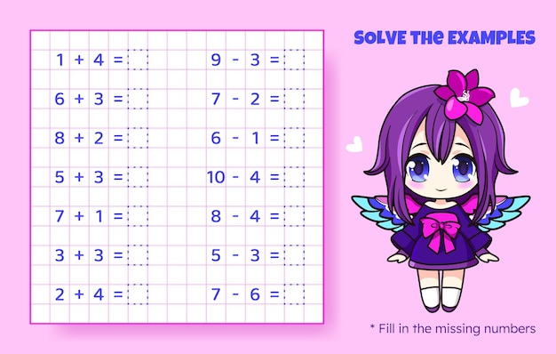 Solve the examples Addition and subtraction up to 10 Mathematical puzzle game Worksheet