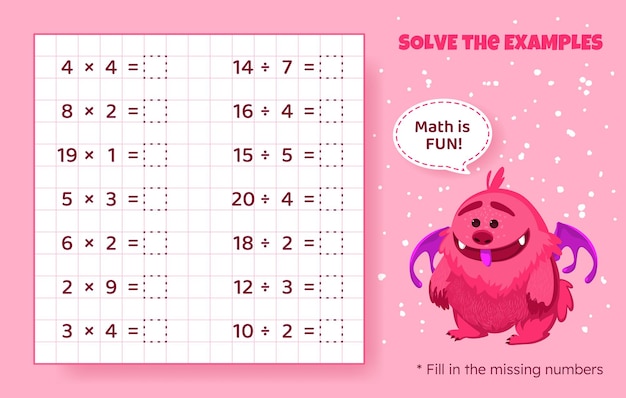 Solve the examples Multiplication and division up to 20 Mathematical puzzle game Worksheet