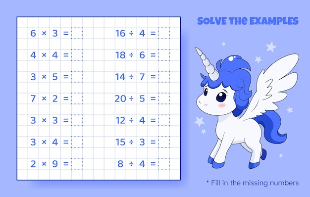 Solve the examples Multiplication and division up to 20 Mathematical puzzle game Worksheet