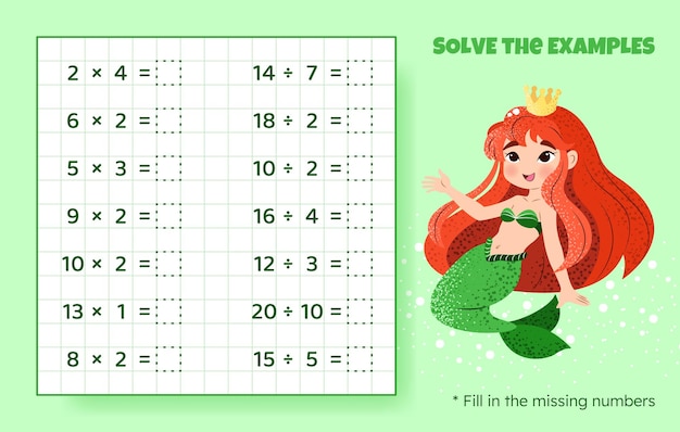 Solve the examples Multiplication and division up to 20 Mathematical puzzle game Worksheet