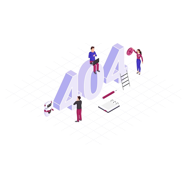 Solving 404 problem concept isometric illustration. tiny it specialists repairing disconnected, server. robot, ai assistant  helping to fix technical malfunctions. automated network mistakes detection