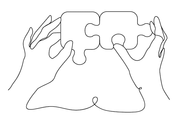 Vector solving puzzle human hands connecting jigsaw pieces find solution continuous one line vector illustration