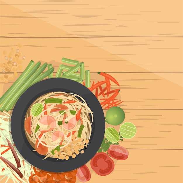 Som tum ,thai green papaya salad, with ingredients