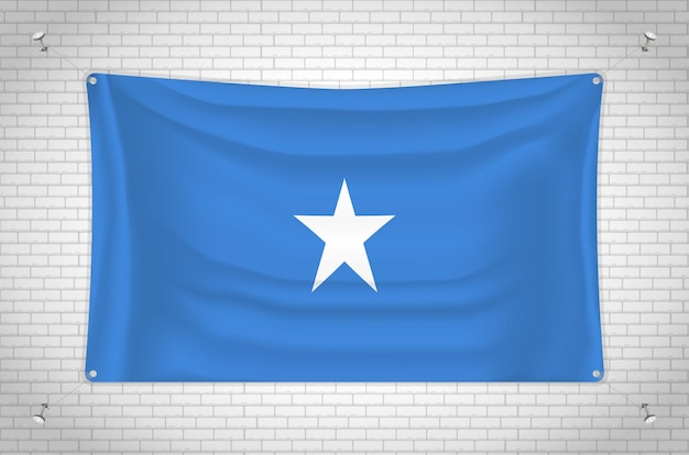 Vector somalia flag hanging on brick wall. 3d drawing. flag attached to the wall. neatly drawing in groups