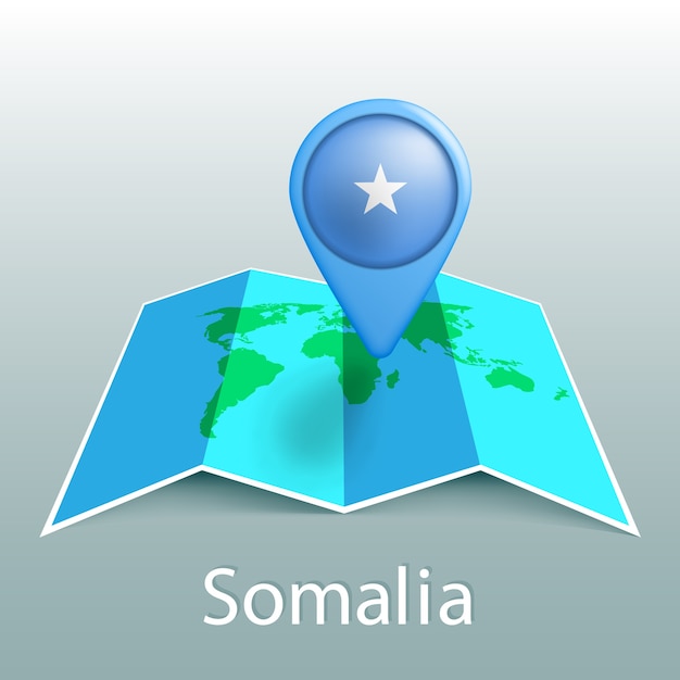 Somalia bandiera mappa del mondo nel pin con il nome del paese su sfondo grigio