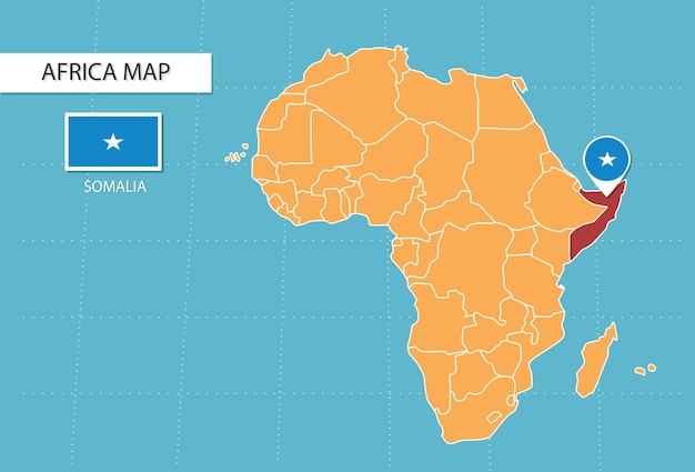 Somalia map in africa, icons showing somalia location and flags.