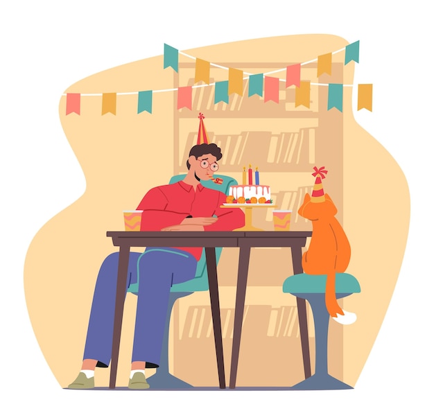 Somber Isolated Man Celebrates His Birthday Accompanied Only By His Loyal Cat Sad Male Character Finding Solace And Companionship In The Feline Presence Cartoon People Vector Illustration