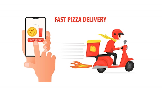 Someone ordered fast pizza delivery service using mobile application