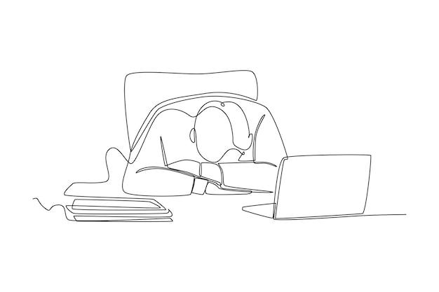 Someone who falls asleep while working due to stress and lack of support simple continuous line work office boy