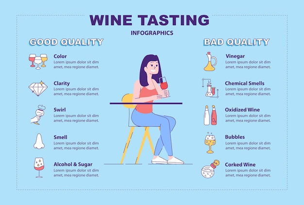 Modello di infografica vettoriale guida sommelier. carattere piatto di degustazione di vini con icone lineari. cattive e buone qualità della bevanda alcolica. volantino pubblicitario dei cartoni animati, depliant, idea poster con informazioni ppt