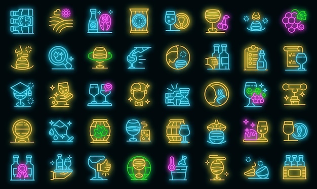 Sommelier icons set. Outline set of sommelier vector icons neon color on black