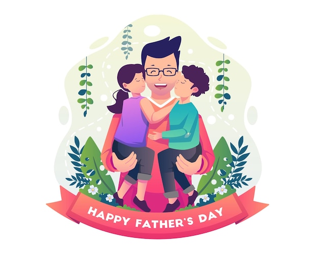 Son and daughter hug and kiss their Father's cheeks from both sides concept illustration