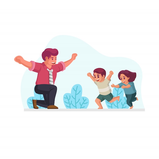 아들과 딸이 환영을 실행하고 사무실 벡터 일러스트 레이 션에서 집으로 돌아간 후 그녀의 아버지를 포옹 준비